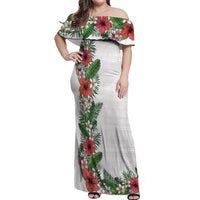 Hawaii Tropical Flowers and Leaves Off Shoulder Maxi Dress Tapa Pattern White Mode