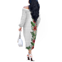 Hawaii Tropical Flowers and Leaves Off The Shoulder Long Sleeve Dress Tapa Pattern White Mode