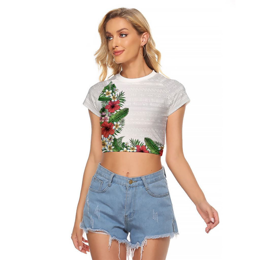 Hawaii Tropical Flowers and Leaves Raglan Cropped T Shirt Tapa Pattern White Mode