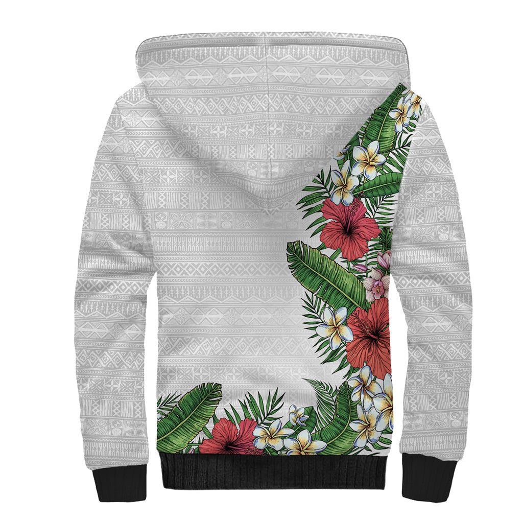 Hawaii Tropical Flowers and Leaves Sherpa Hoodie Tapa Pattern White Mode