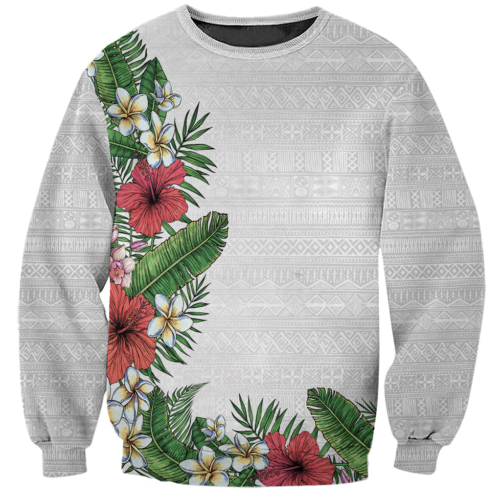 Hawaii Tropical Flowers and Leaves Sweatshirt Tapa Pattern White Mode