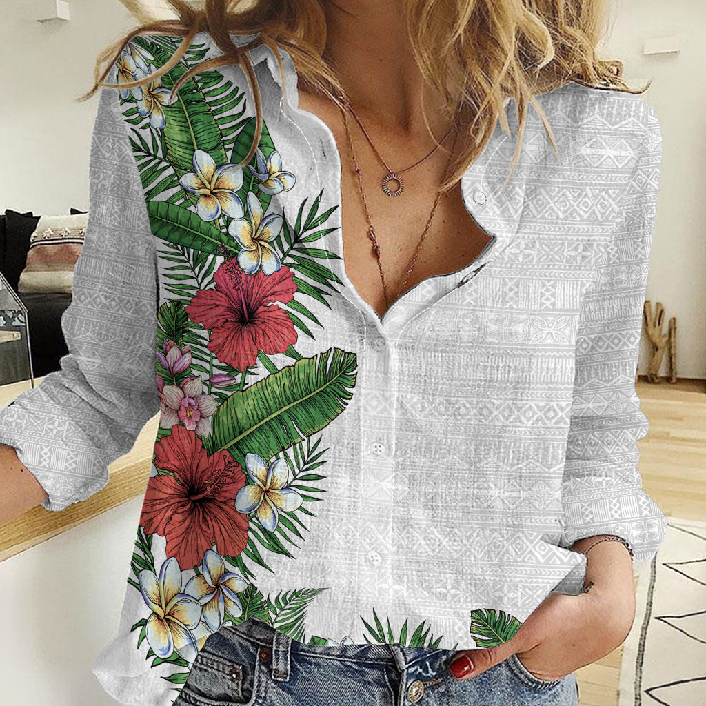 Hawaii Tropical Flowers and Leaves Women Casual Shirt Tapa Pattern White Mode