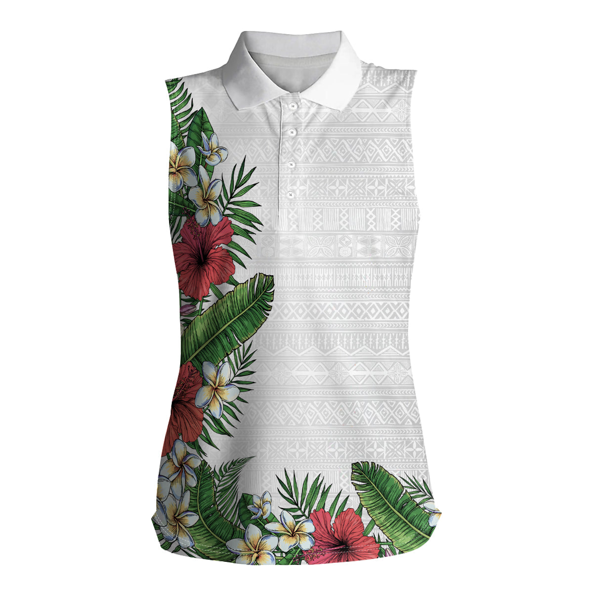 Hawaii Tropical Flowers and Leaves Women Sleeveless Polo Shirt Tapa Pattern White Mode