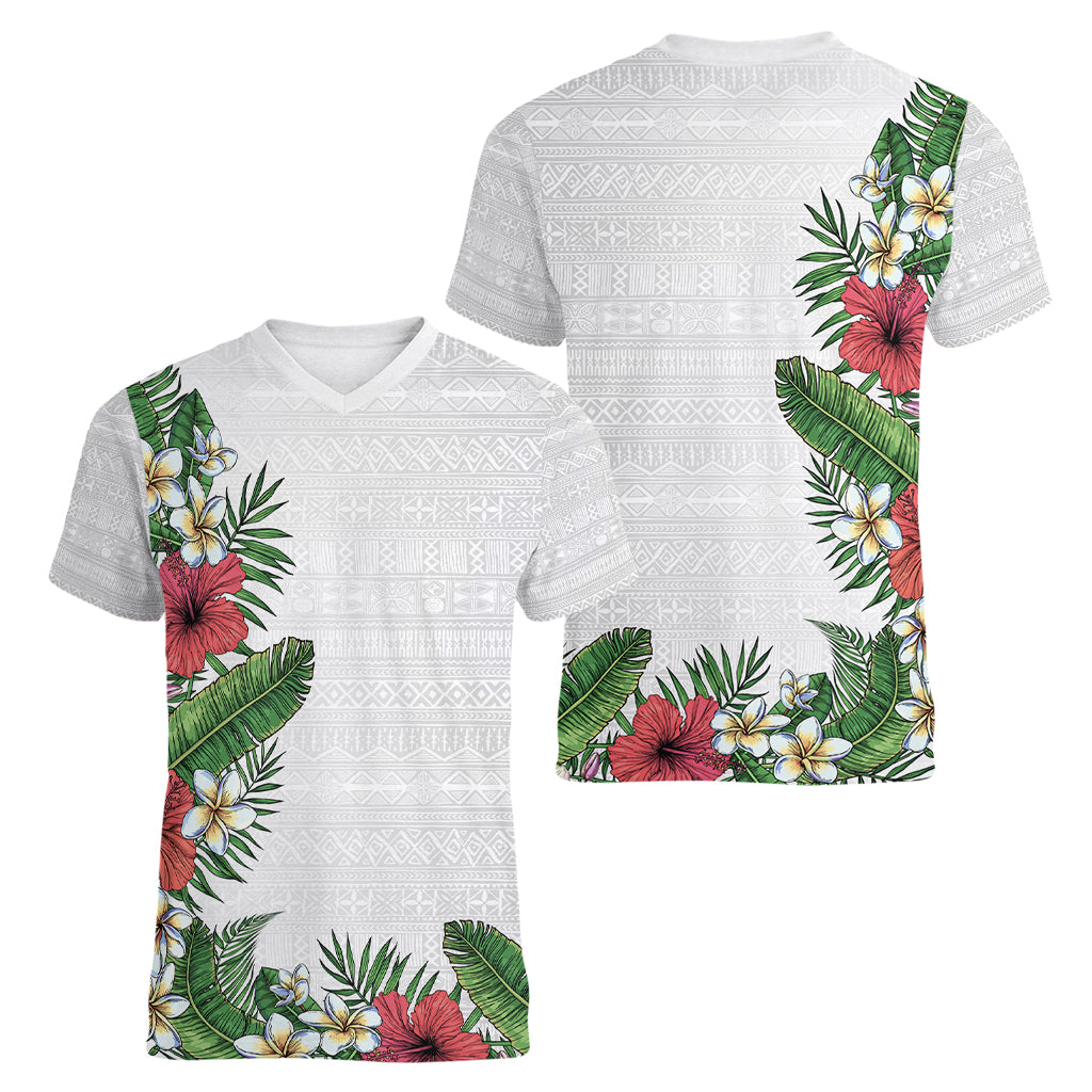 Hawaii Tropical Flowers and Leaves Women V-Neck T-Shirt Tapa Pattern White Mode