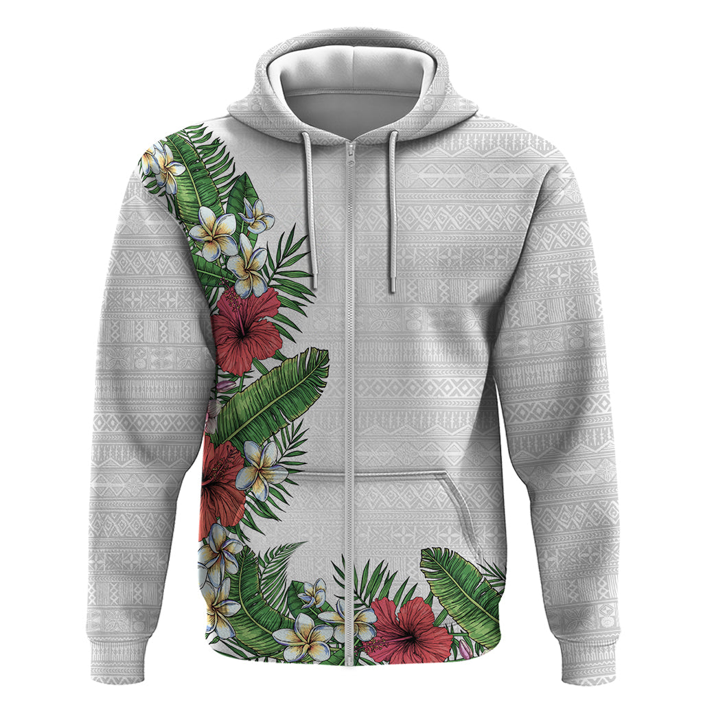 Hawaii Tropical Flowers and Leaves Zip Hoodie Tapa Pattern White Mode