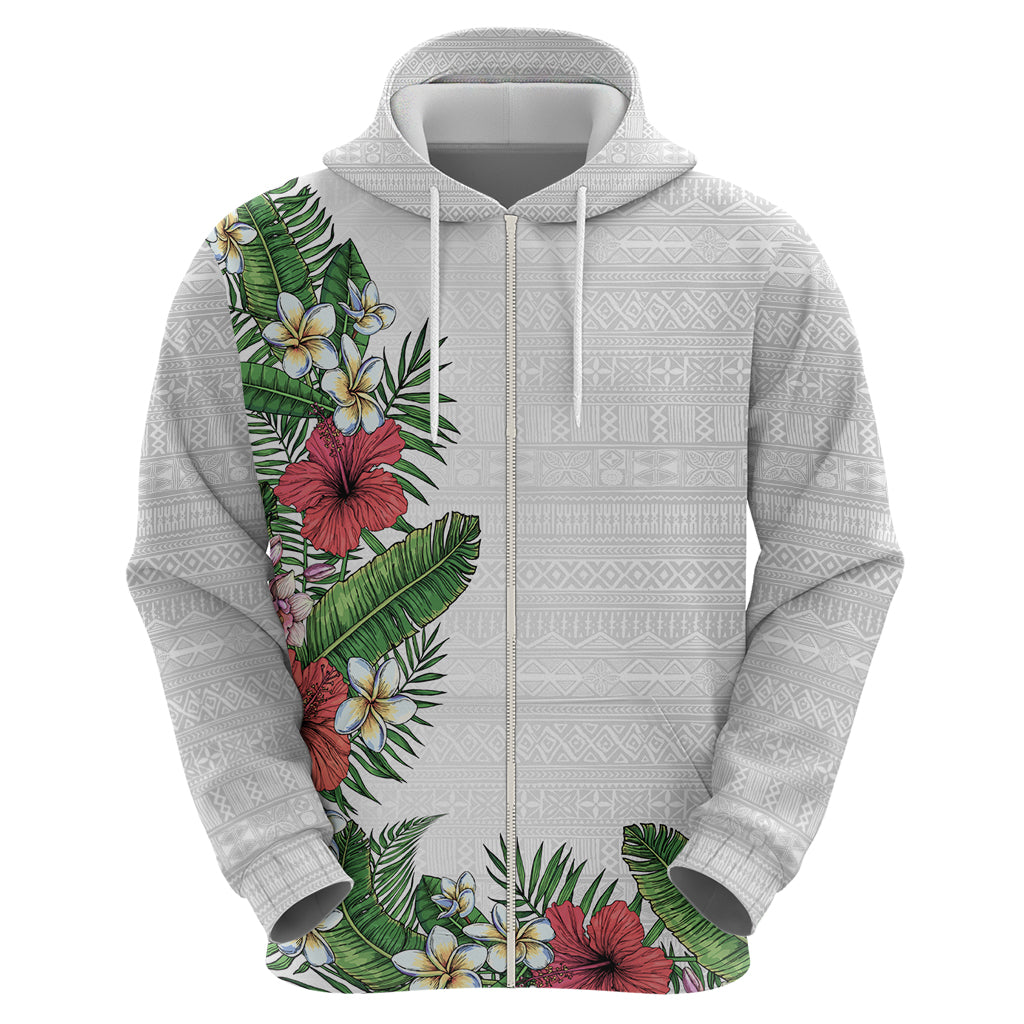 Hawaii Tropical Flowers and Leaves Zip Hoodie Tapa Pattern White Mode