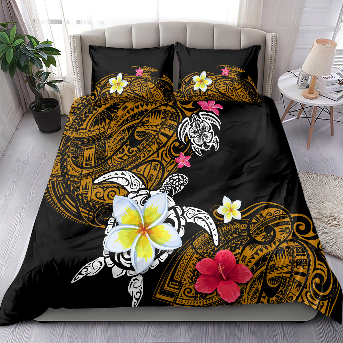 Hawaii Turtle and Tropical Flower Bedding Set Polynesian Pattern