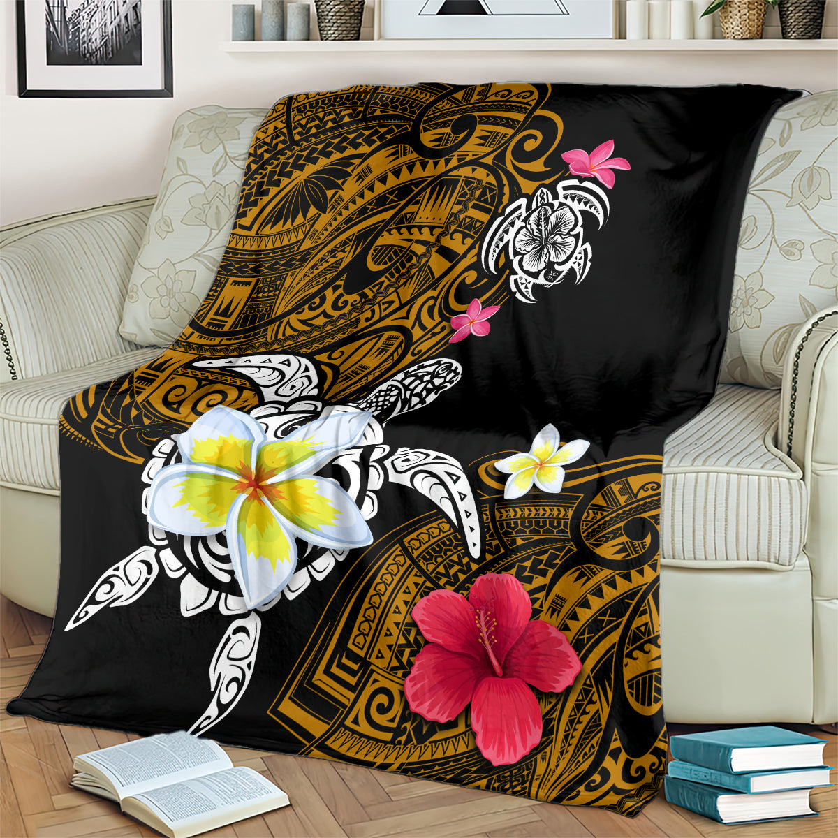 Hawaii Turtle and Tropical Flower Blanket Polynesian Pattern