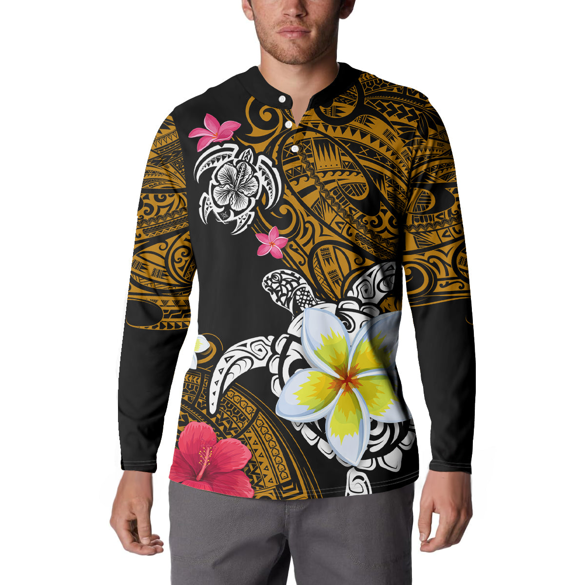 Hawaii Turtle and Tropical Flower Button Sweatshirt Polynesian Pattern