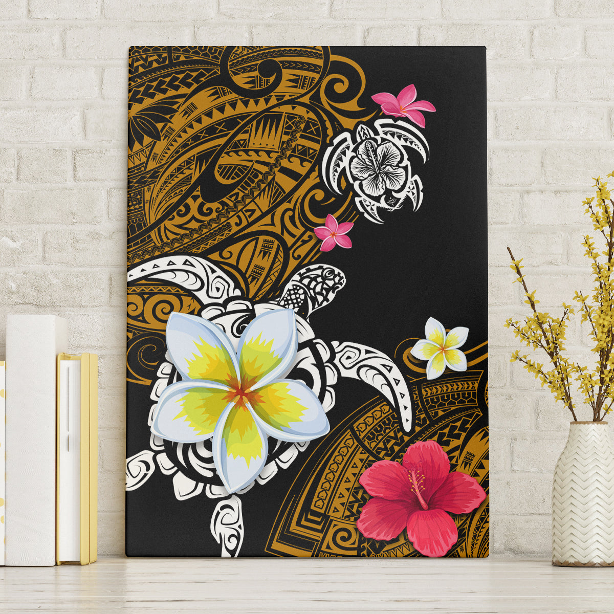 Hawaii Turtle and Tropical Flower Canvas Wall Art Polynesian Pattern