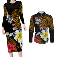 Hawaii Turtle and Tropical Flower Couples Matching Long Sleeve Bodycon Dress and Long Sleeve Button Shirt Polynesian Pattern