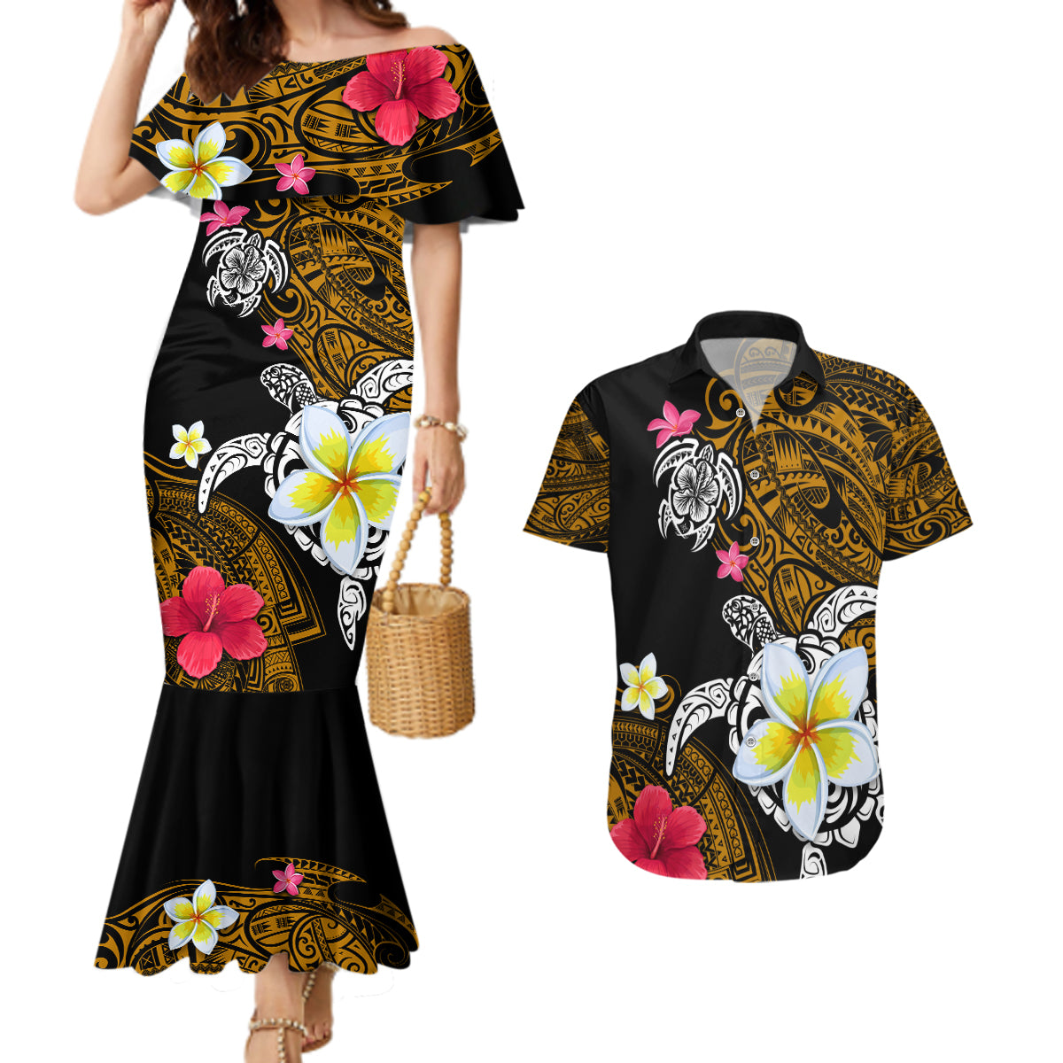 Hawaii Turtle and Tropical Flower Couples Matching Mermaid Dress and Hawaiian Shirt Polynesian Pattern