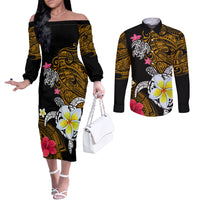 Hawaii Turtle and Tropical Flower Couples Matching Off The Shoulder Long Sleeve Dress and Long Sleeve Button Shirt Polynesian Pattern