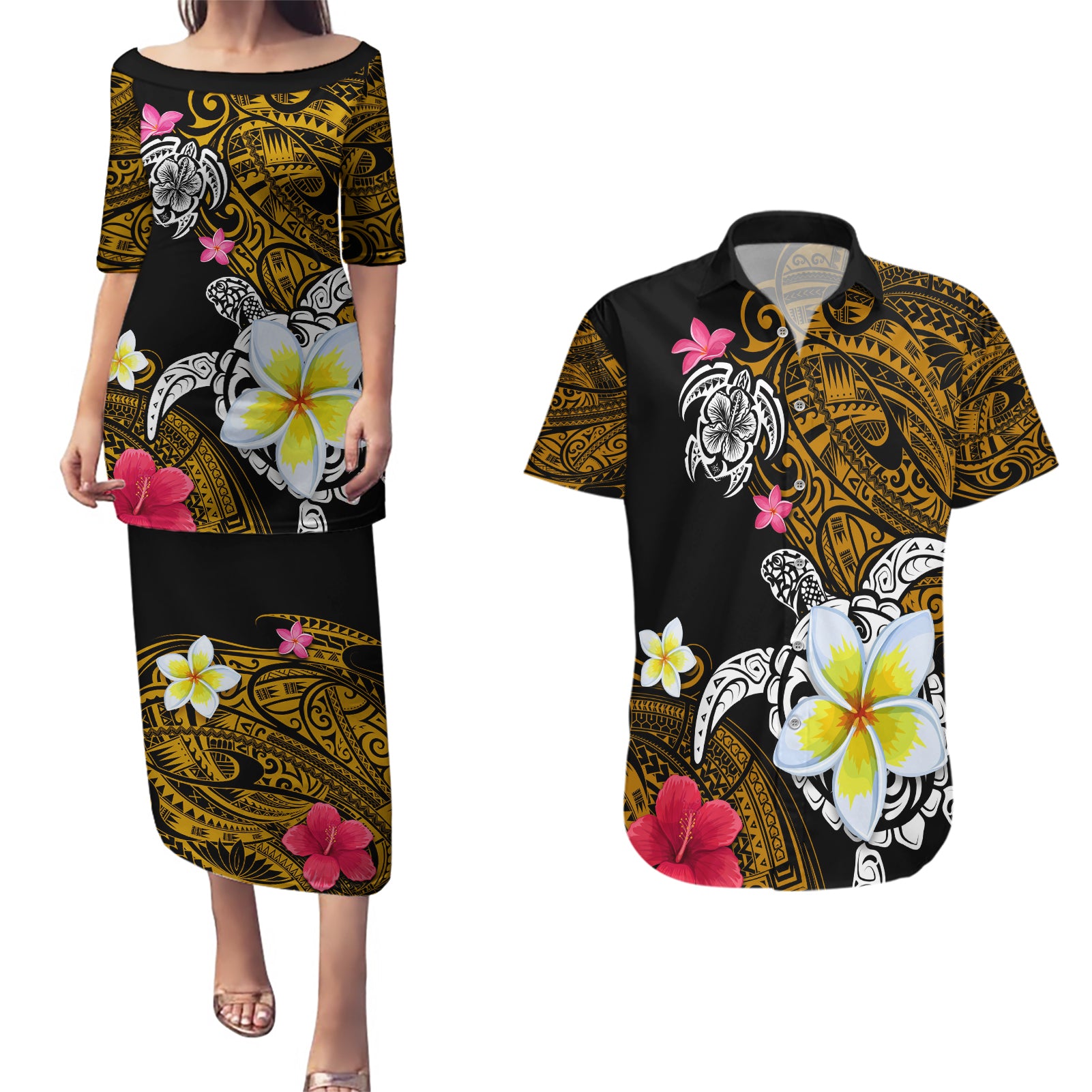 Hawaii Turtle and Tropical Flower Couples Matching Puletasi and Hawaiian Shirt Polynesian Pattern