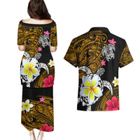 Hawaii Turtle and Tropical Flower Couples Matching Puletasi and Hawaiian Shirt Polynesian Pattern