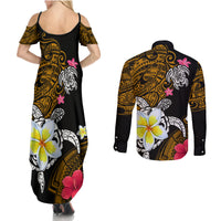 Hawaii Turtle and Tropical Flower Couples Matching Summer Maxi Dress and Long Sleeve Button Shirt Polynesian Pattern