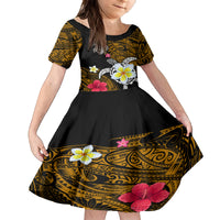 Hawaii Turtle and Tropical Flower Family Matching Long Sleeve Bodycon Dress and Hawaiian Shirt Polynesian Pattern LT03 Daughter's Dress Black - Polynesian Pride