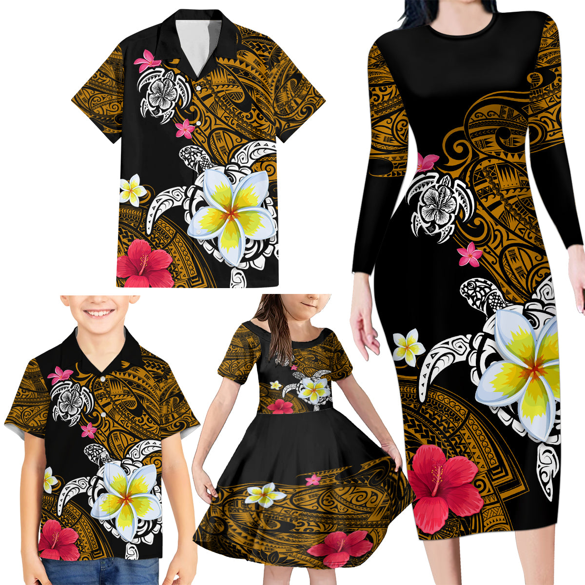 Hawaii Turtle and Tropical Flower Family Matching Long Sleeve Bodycon Dress and Hawaiian Shirt Polynesian Pattern LT03 - Polynesian Pride