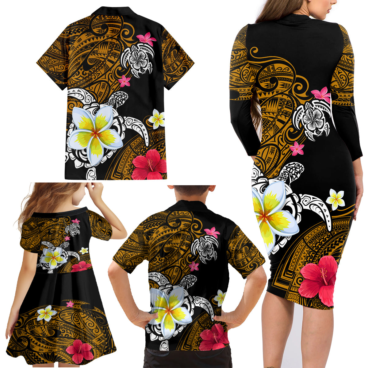 Hawaii Turtle and Tropical Flower Family Matching Long Sleeve Bodycon Dress and Hawaiian Shirt Polynesian Pattern LT03 - Polynesian Pride