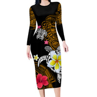 Hawaii Turtle and Tropical Flower Family Matching Long Sleeve Bodycon Dress and Hawaiian Shirt Polynesian Pattern LT03 Mom's Dress Black - Polynesian Pride