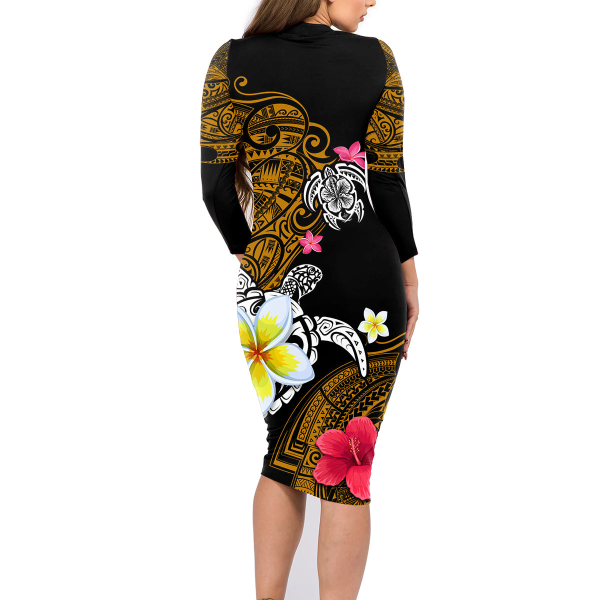Hawaii Turtle and Tropical Flower Family Matching Long Sleeve Bodycon Dress and Hawaiian Shirt Polynesian Pattern LT03 - Polynesian Pride
