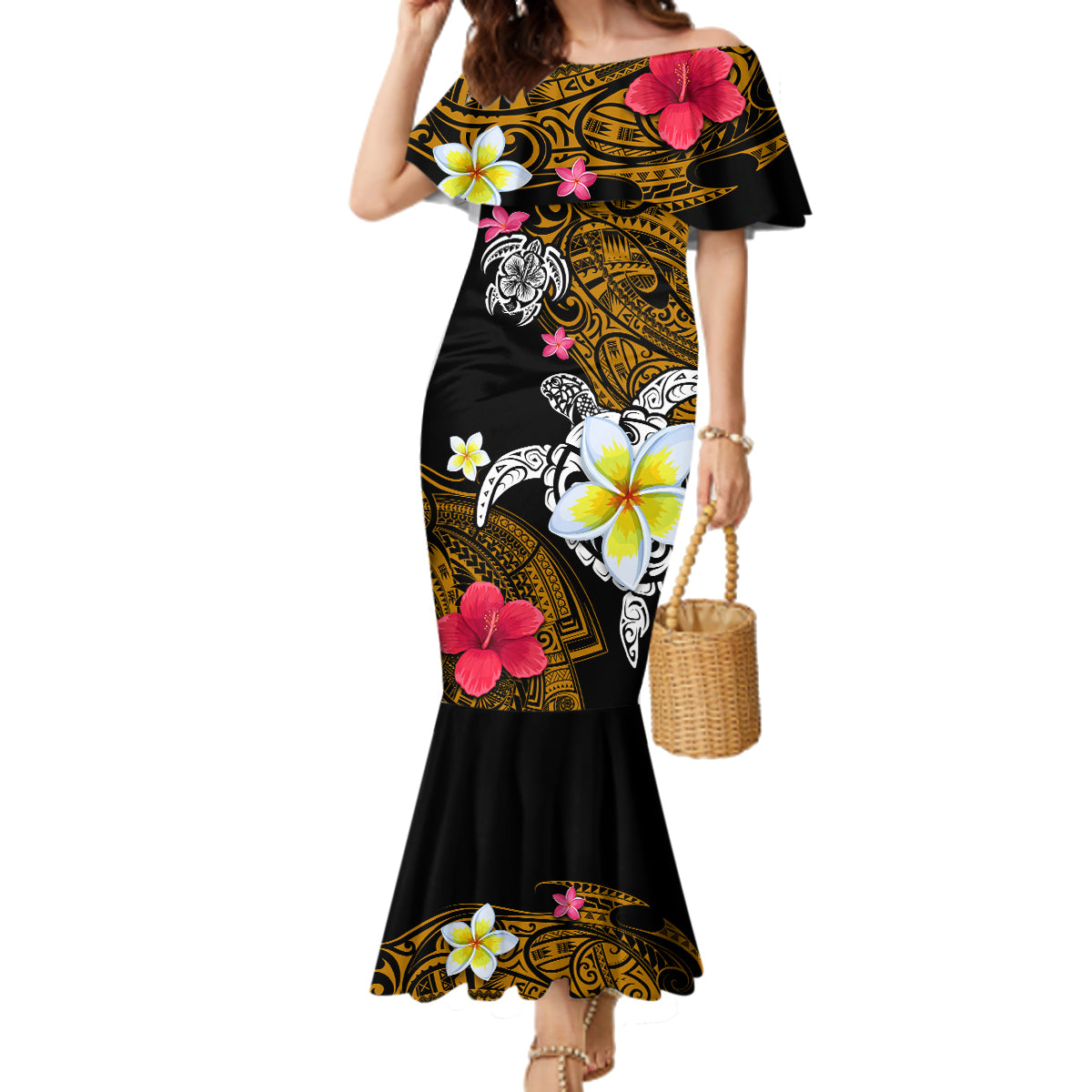 Hawaii Turtle and Tropical Flower Family Matching Mermaid Dress and Hawaiian Shirt Polynesian Pattern
