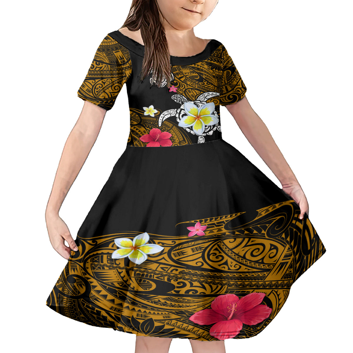 Hawaii Turtle and Tropical Flower Family Matching Off Shoulder Maxi Dress and Hawaiian Shirt Polynesian Pattern LT03 Daughter's Dress Black - Polynesian Pride
