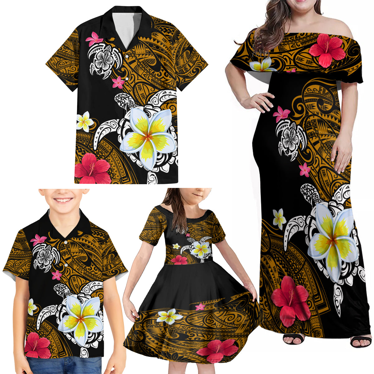 Hawaii Turtle and Tropical Flower Family Matching Off Shoulder Maxi Dress and Hawaiian Shirt Polynesian Pattern LT03 - Polynesian Pride