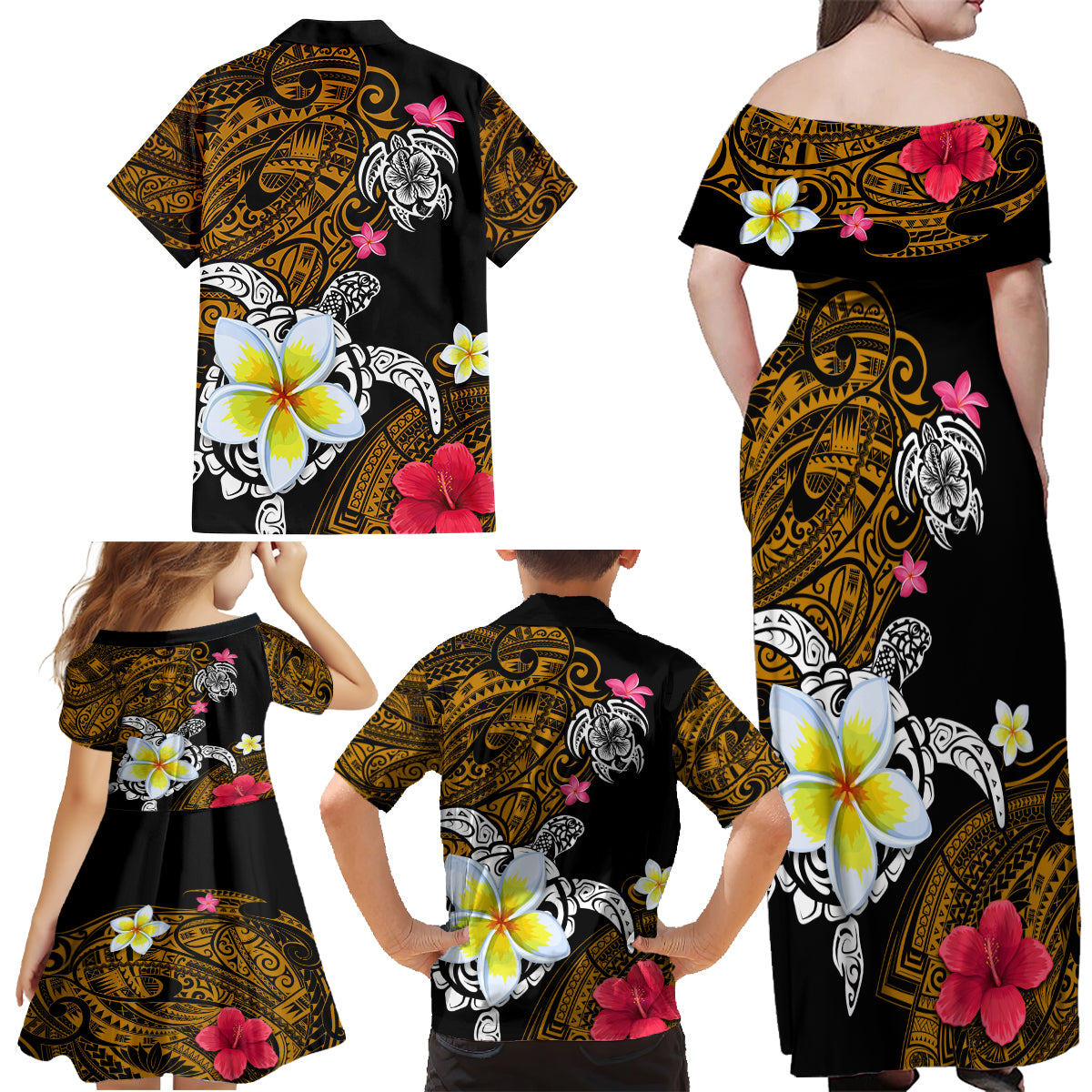 Hawaii Turtle and Tropical Flower Family Matching Off Shoulder Maxi Dress and Hawaiian Shirt Polynesian Pattern LT03 - Polynesian Pride