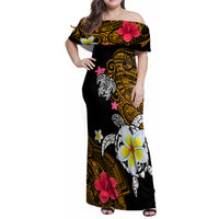 Hawaii Turtle and Tropical Flower Family Matching Off Shoulder Maxi Dress and Hawaiian Shirt Polynesian Pattern LT03 Mom's Dress Black - Polynesian Pride