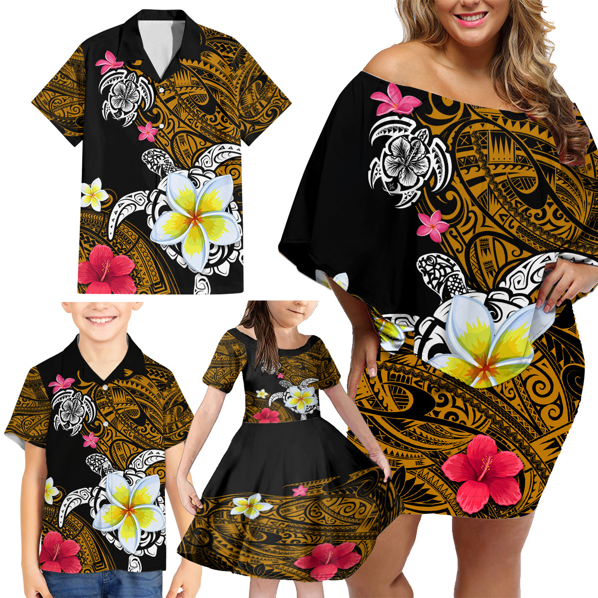 Hawaii Turtle and Tropical Flower Family Matching Off Shoulder Short Dress and Hawaiian Shirt Polynesian Pattern LT03 - Polynesian Pride