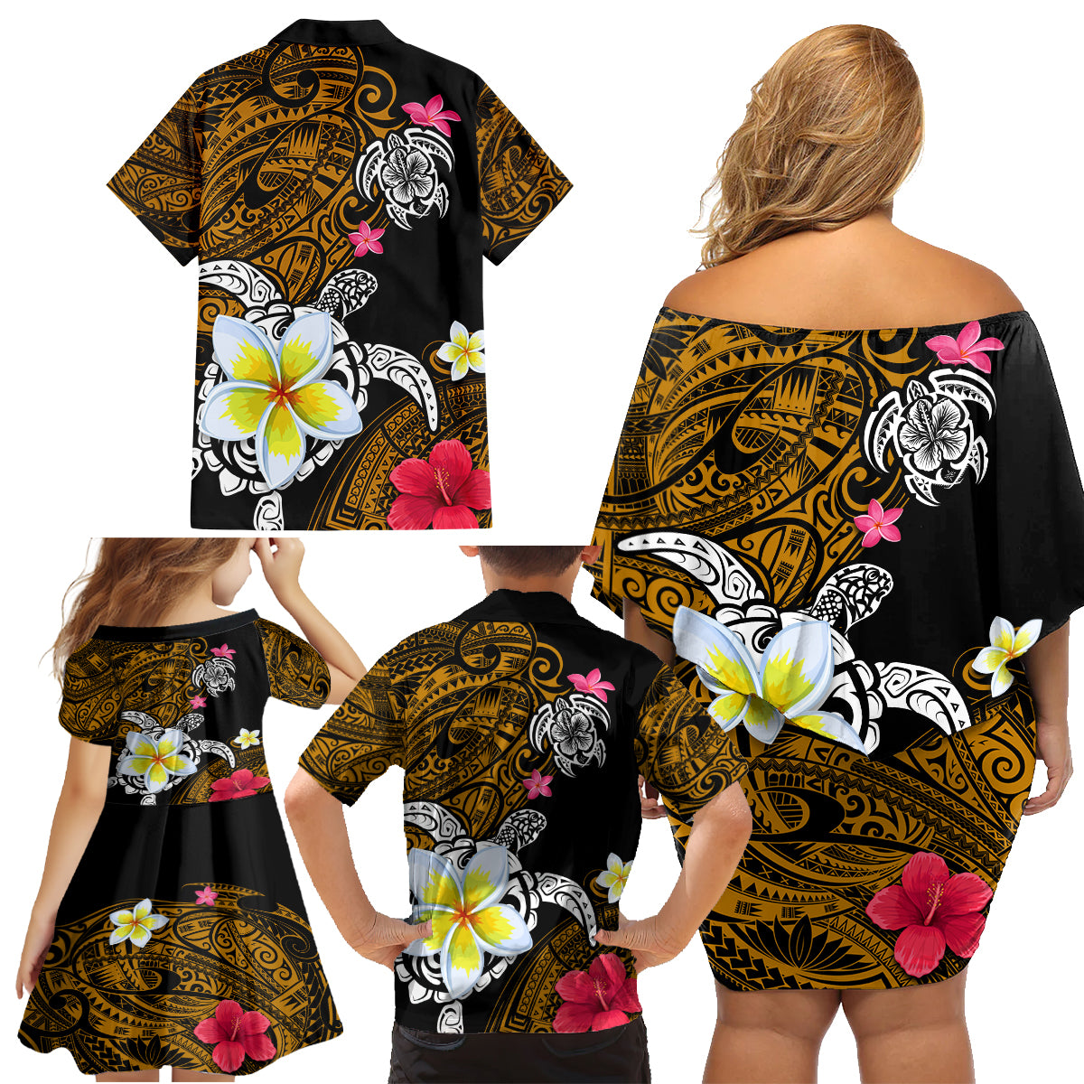 Hawaii Turtle and Tropical Flower Family Matching Off Shoulder Short Dress and Hawaiian Shirt Polynesian Pattern LT03 - Polynesian Pride