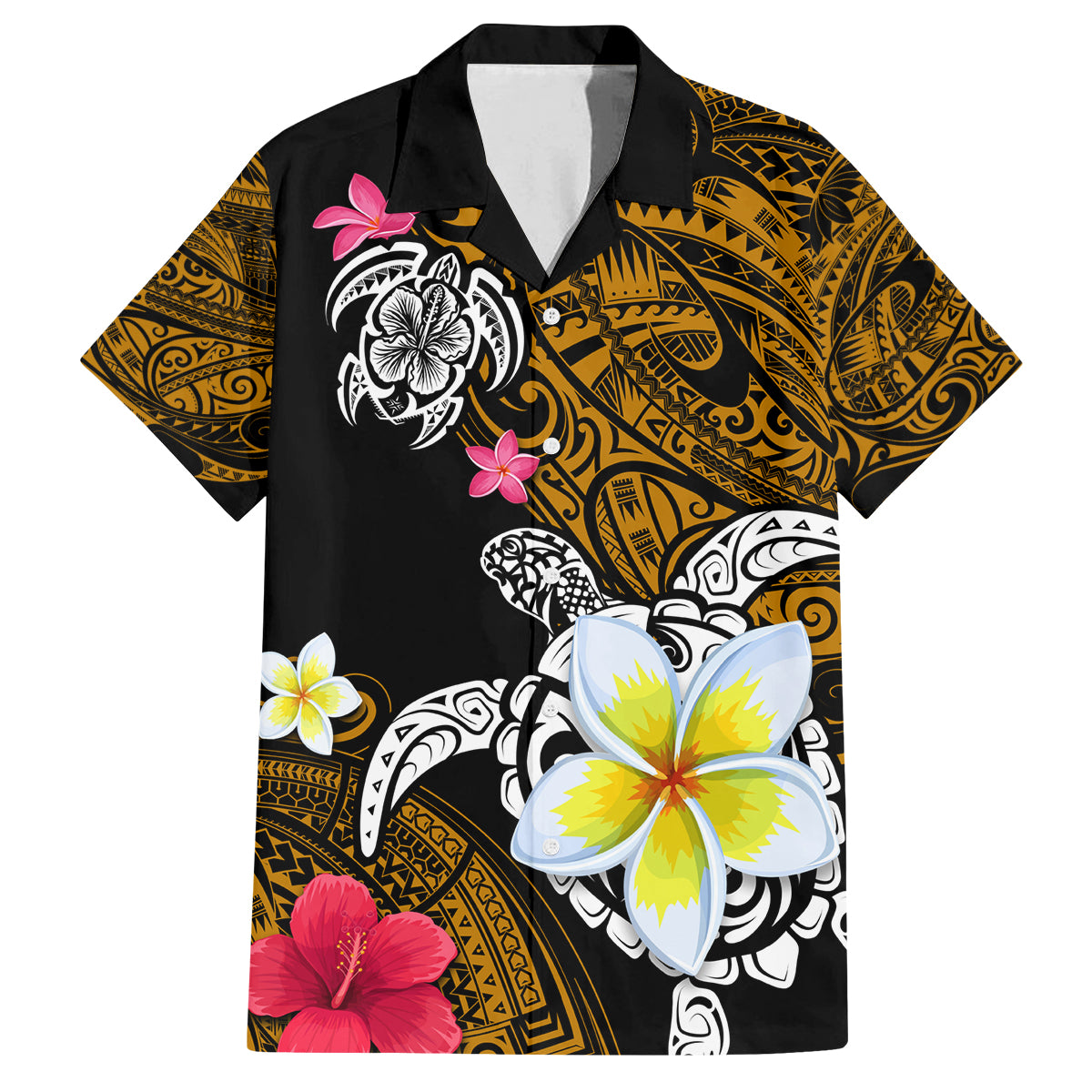 Hawaii Turtle and Tropical Flower Family Matching Off Shoulder Short Dress and Hawaiian Shirt Polynesian Pattern LT03 Dad's Shirt - Short Sleeve Black - Polynesian Pride