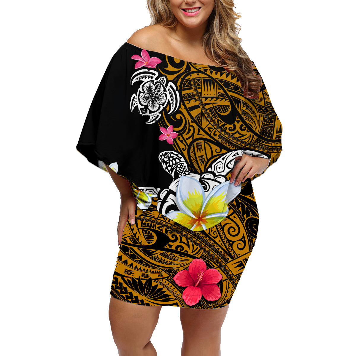 Hawaii Turtle and Tropical Flower Family Matching Off Shoulder Short Dress and Hawaiian Shirt Polynesian Pattern LT03 Mom's Dress Black - Polynesian Pride