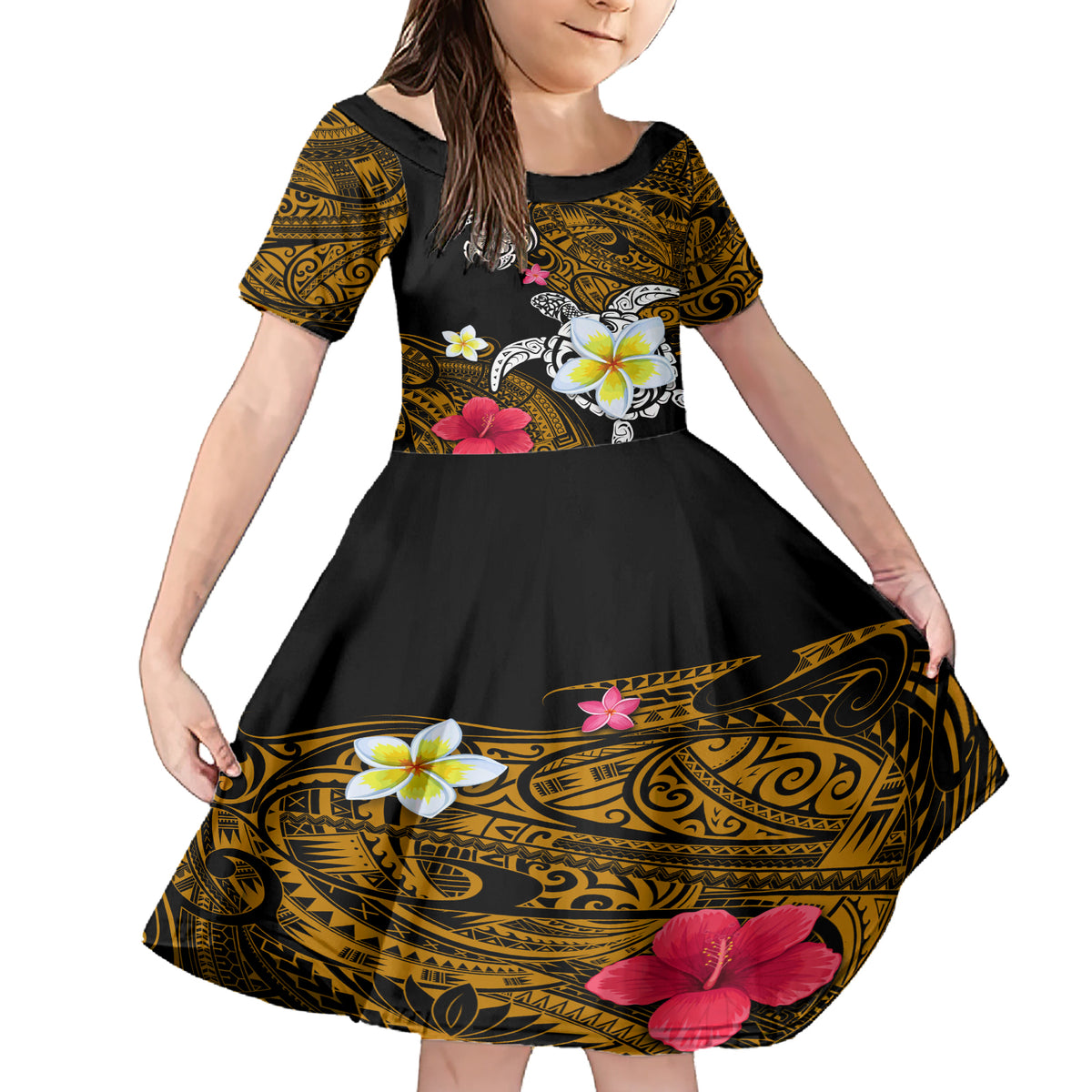 Hawaii Turtle and Tropical Flower Family Matching Short Sleeve Bodycon Dress and Hawaiian Shirt Polynesian Pattern LT03 Daughter's Dress Black - Polynesian Pride