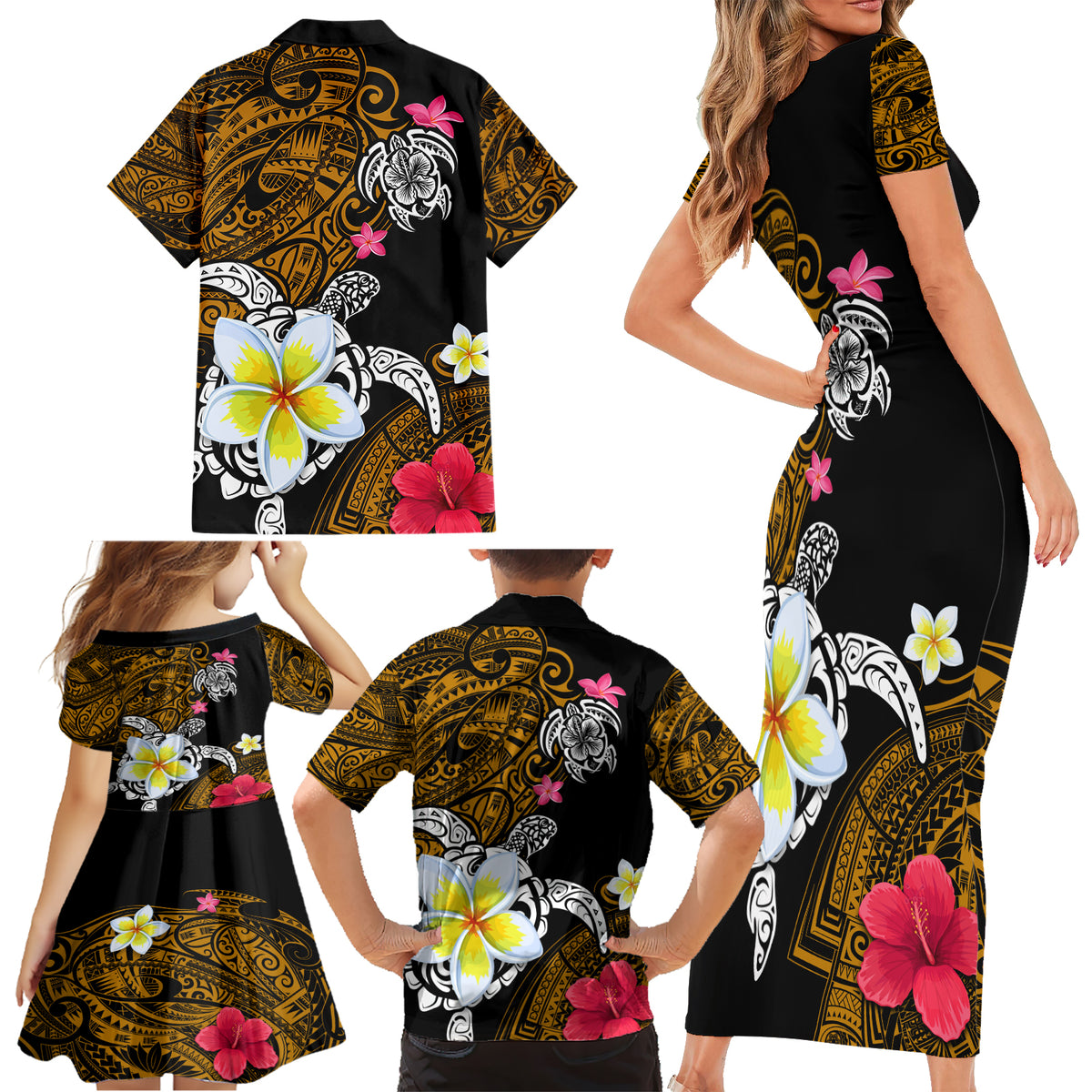 Hawaii Turtle and Tropical Flower Family Matching Short Sleeve Bodycon Dress and Hawaiian Shirt Polynesian Pattern LT03 - Polynesian Pride