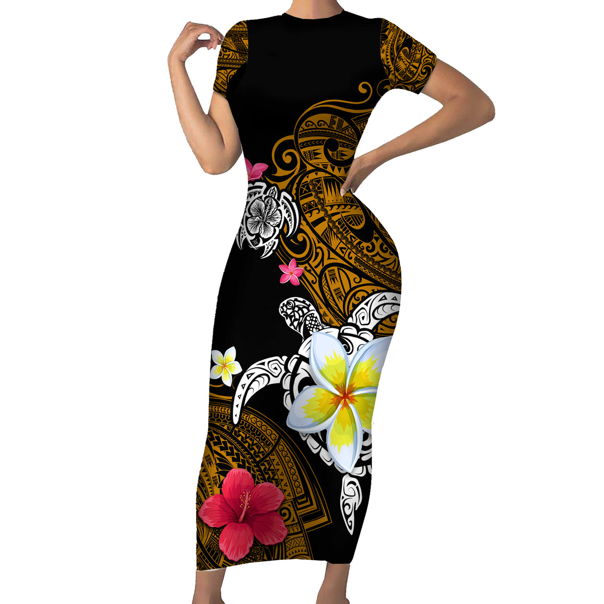 Hawaii Turtle and Tropical Flower Family Matching Short Sleeve Bodycon Dress and Hawaiian Shirt Polynesian Pattern LT03 Mom's Dress Black - Polynesian Pride
