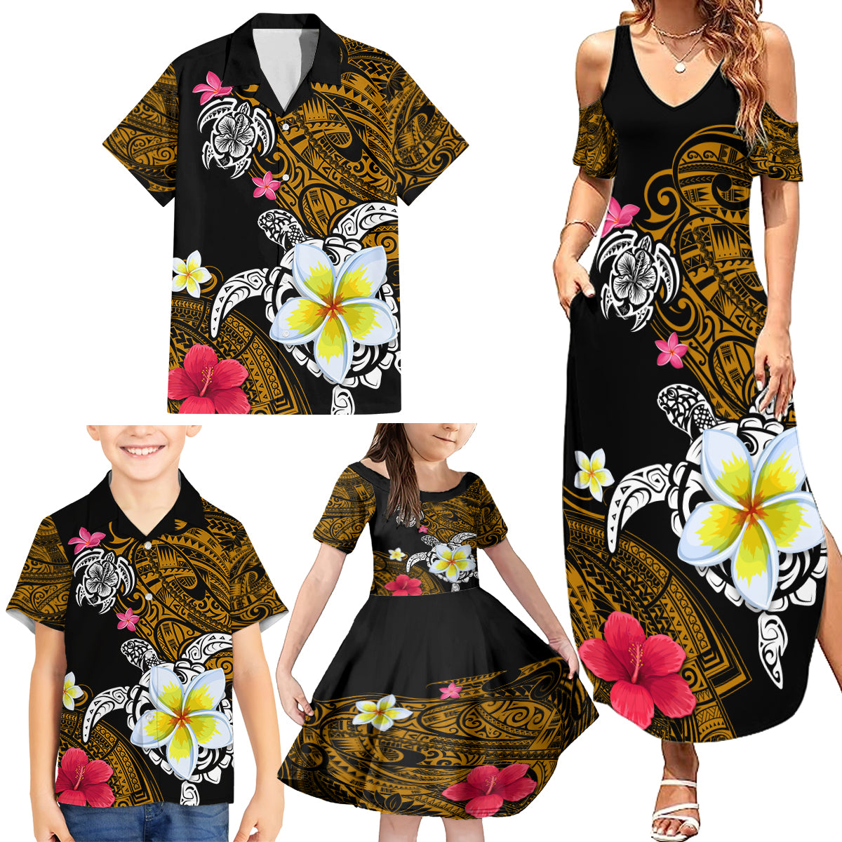 Hawaii Turtle and Tropical Flower Family Matching Summer Maxi Dress and Hawaiian Shirt Polynesian Pattern LT03 - Polynesian Pride