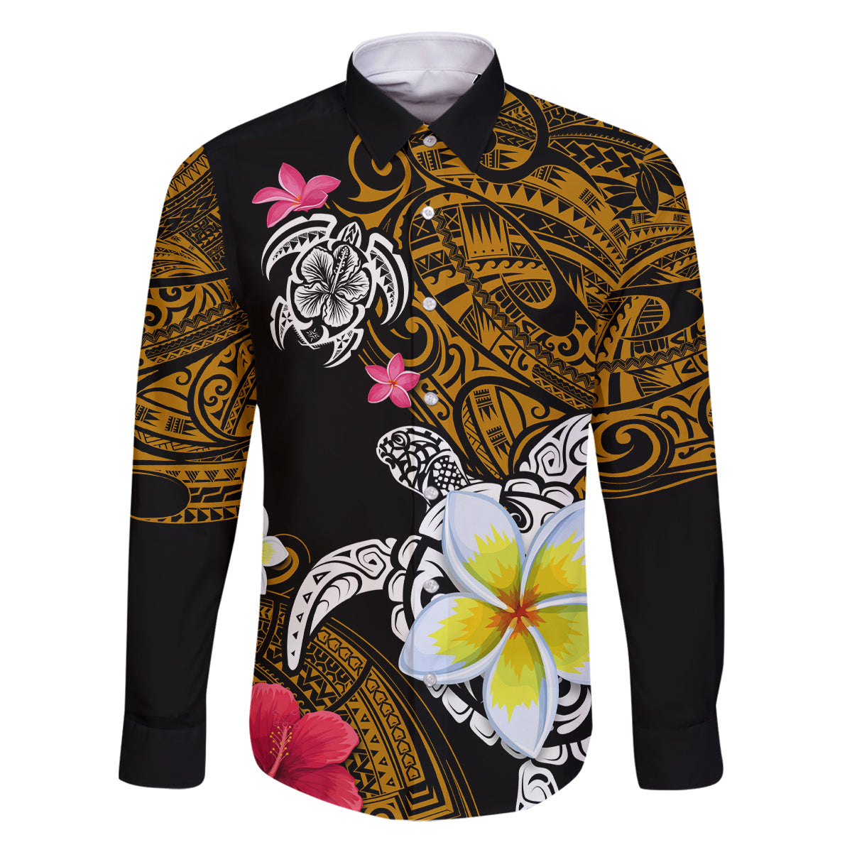 Hawaii Turtle and Tropical Flower Family Matching Summer Maxi Dress and Hawaiian Shirt Polynesian Pattern LT03 Dad's Shirt - Long Sleeve Black - Polynesian Pride