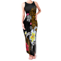 Hawaii Turtle and Tropical Flower Family Matching Tank Maxi Dress and Hawaiian Shirt Polynesian Pattern LT03 Mom's Dress Black - Polynesian Pride