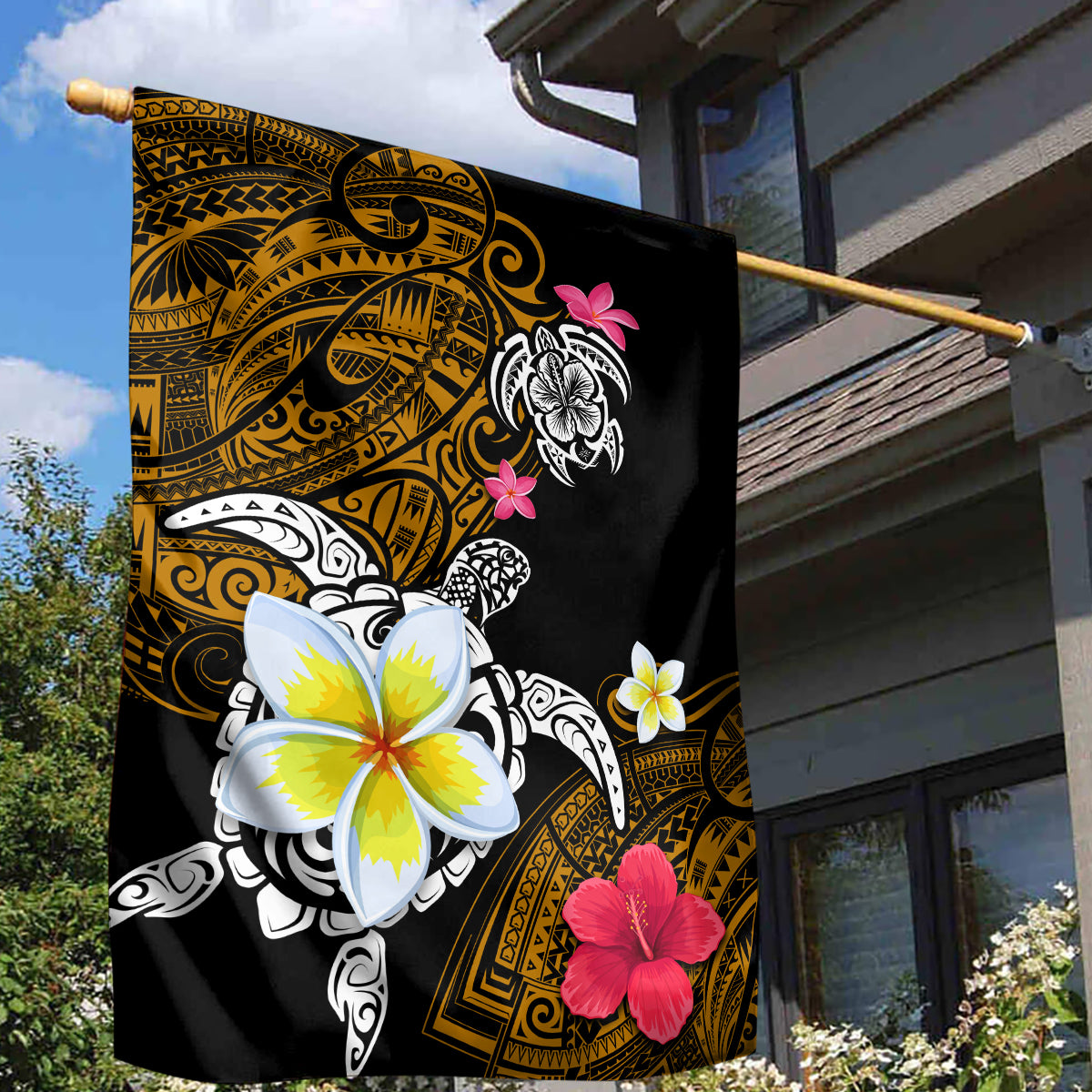 Hawaii Turtle and Tropical Flower Garden Flag Polynesian Pattern