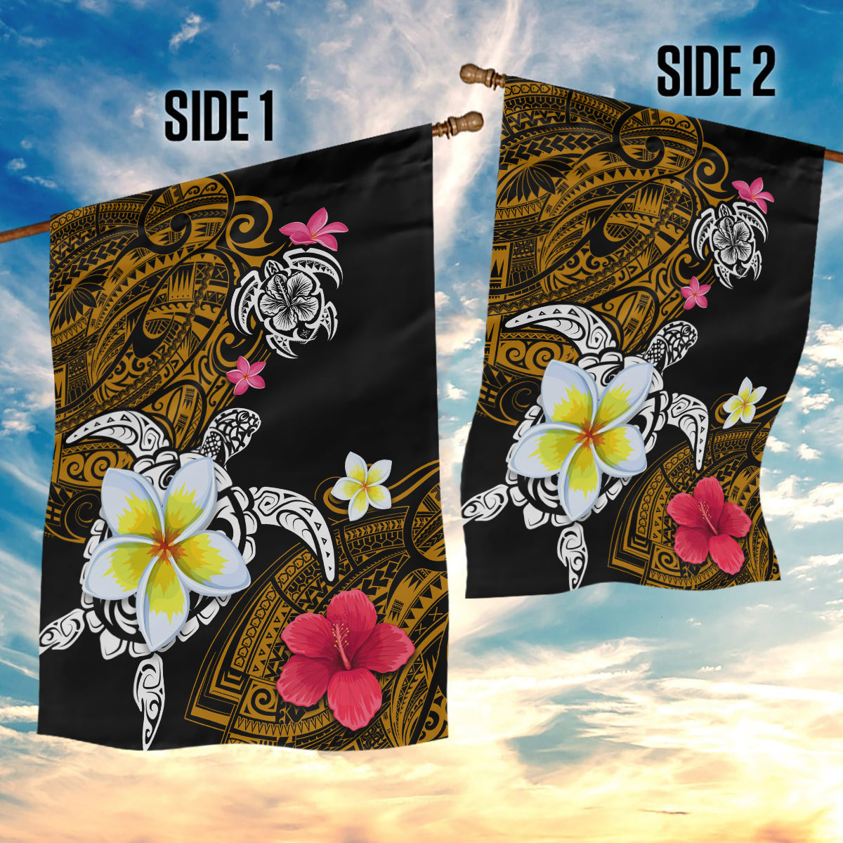 Hawaii Turtle and Tropical Flower Garden Flag Polynesian Pattern