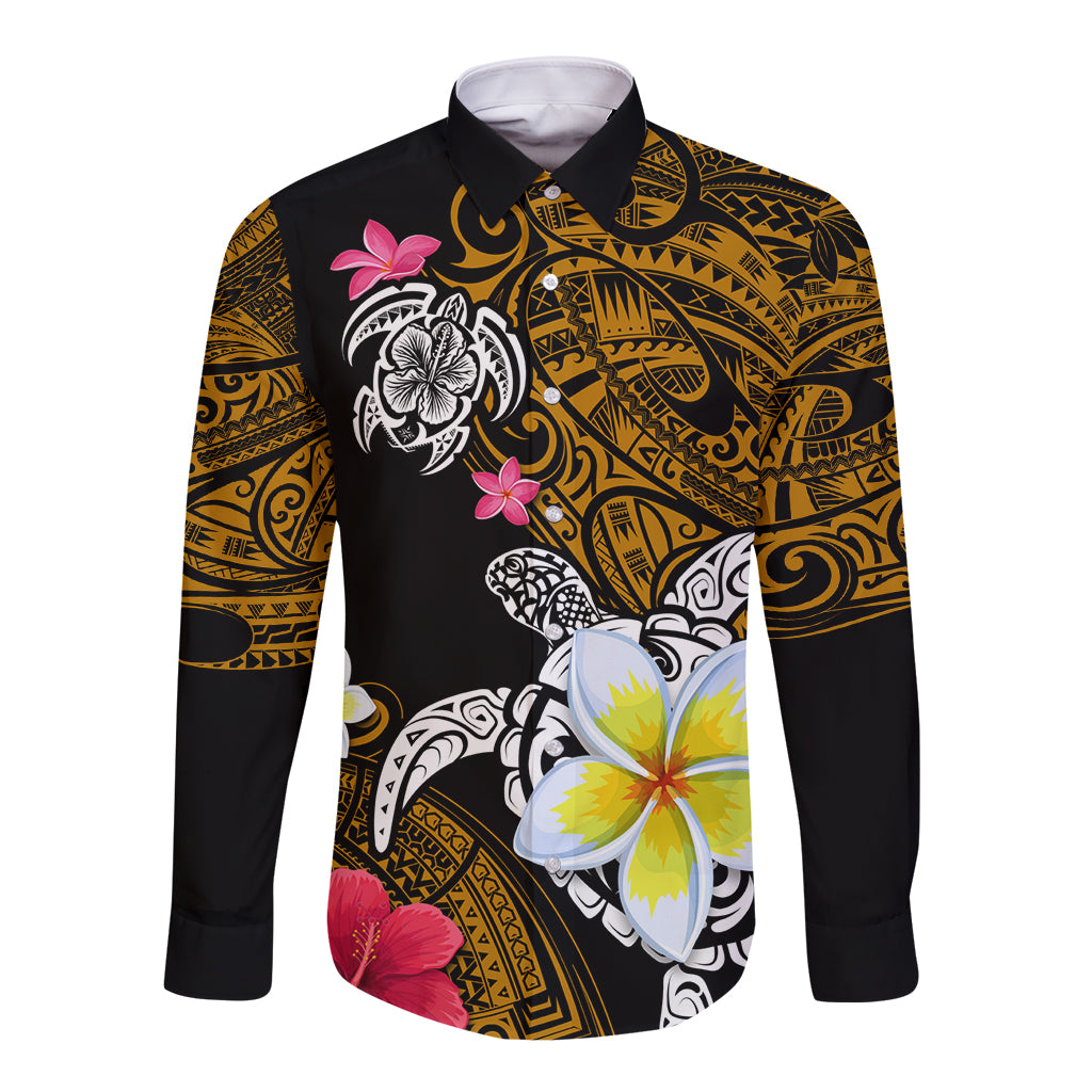 Hawaii Turtle and Tropical Flower Long Sleeve Button Shirt Polynesian Pattern