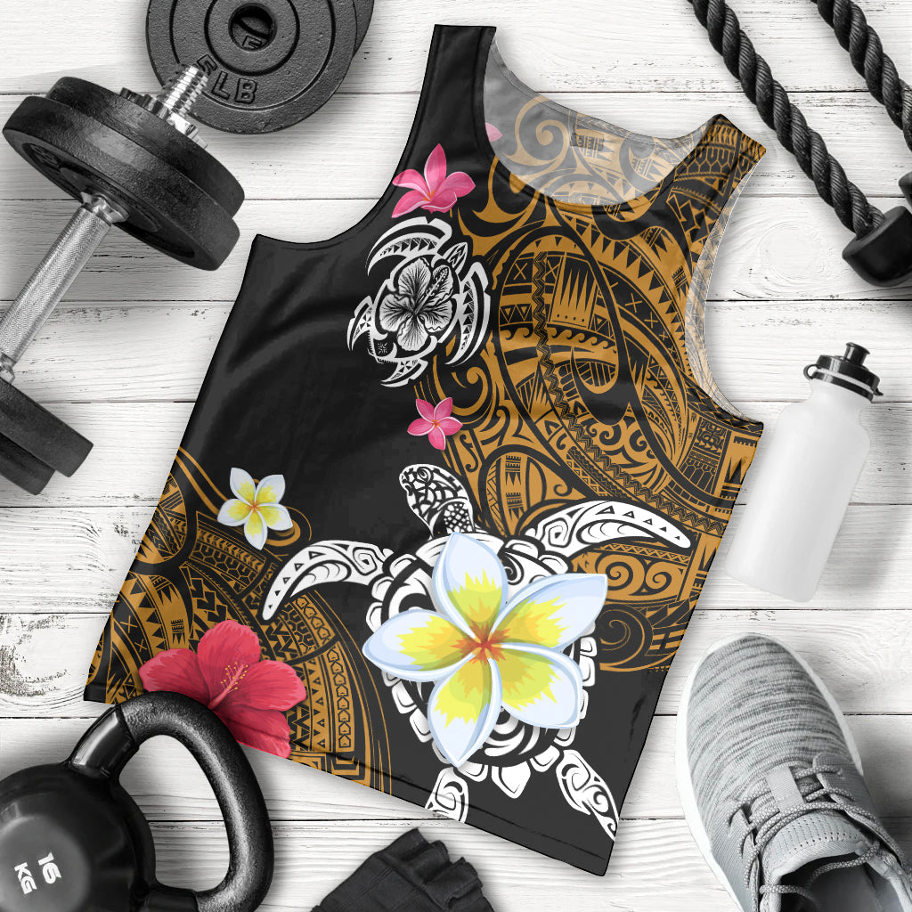 Hawaii Turtle and Tropical Flower Men Tank Top Polynesian Pattern