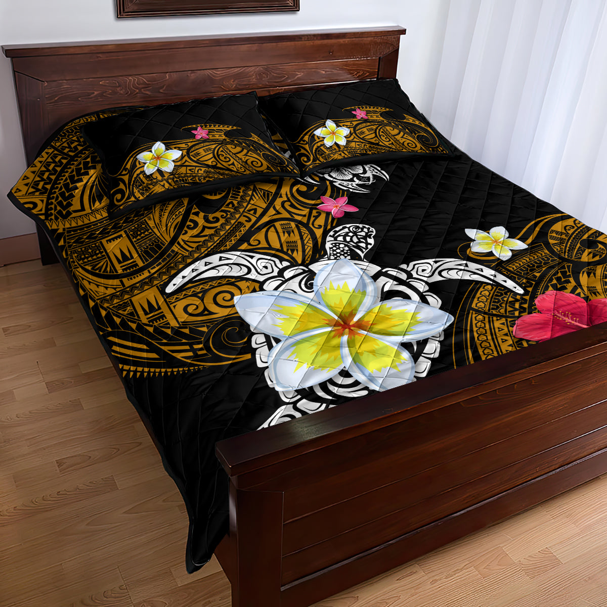 Hawaii Turtle and Tropical Flower Quilt Bed Set Polynesian Pattern