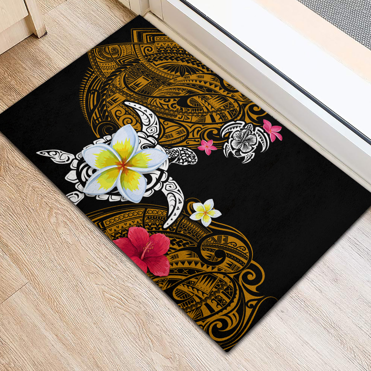 Hawaii Turtle and Tropical Flower Rubber Doormat Polynesian Pattern