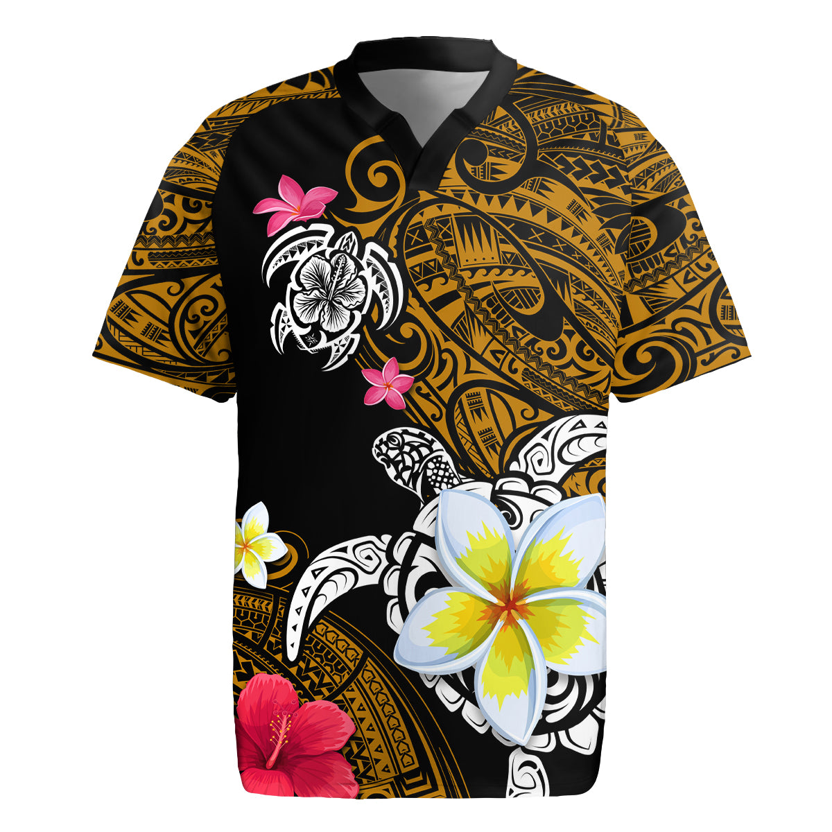 Hawaii Turtle and Tropical Flower Rugby Jersey Polynesian Pattern