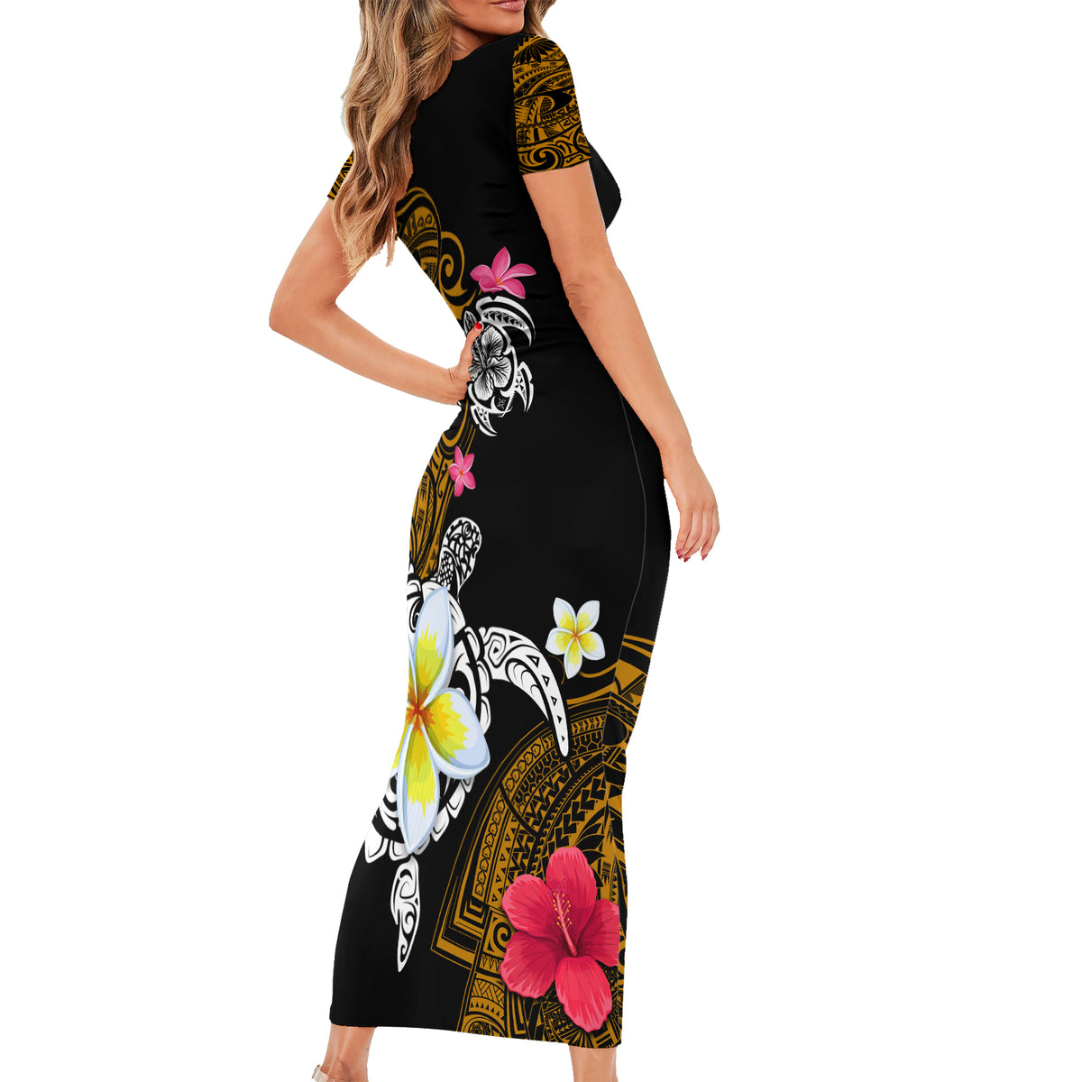 Hawaii Turtle and Tropical Flower Short Sleeve Bodycon Dress Polynesian Pattern