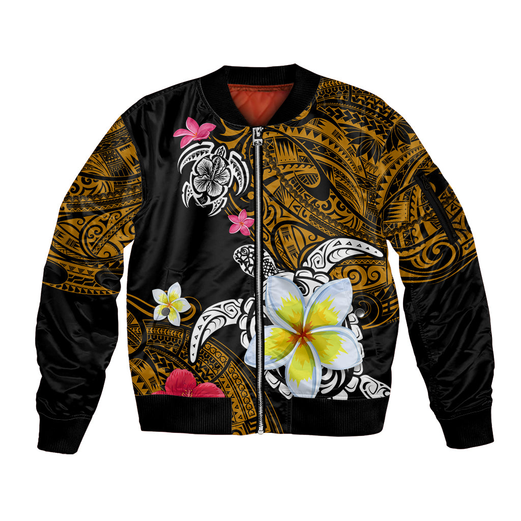 Hawaii Turtle and Tropical Flower Sleeve Zip Bomber Jacket Polynesian Pattern