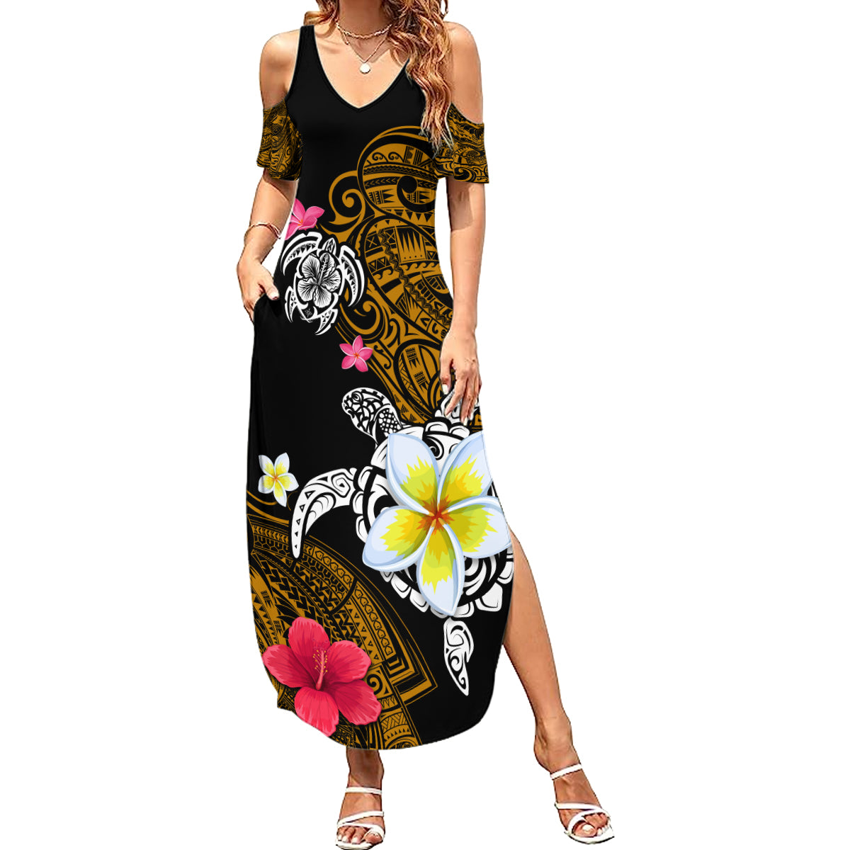 Hawaii Turtle and Tropical Flower Summer Maxi Dress Polynesian Pattern